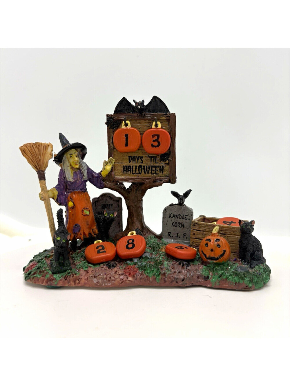Halloween Witch Countdown Resin Figurine Scene w/ Pumpkins & Tombstones